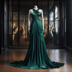 Poster A stunning emerald evening dress displayed on a mannequin in a classic showroom setting © mockupzord
