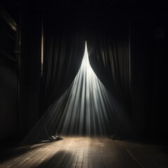 Dramatic illumination piercing through a curtain in a dark theater, creating a suspenseful atmosphere