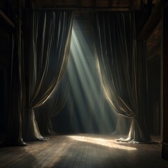 A captivating stage with curtains majestically parting to allow a stream of light onto the wooden floor