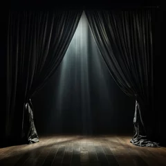 Fotobehang Beams of light shine through partially opened theater curtains onto a dark stage, suggesting an imminent show © mockupzord