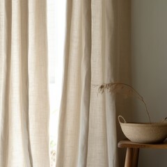 Neutral-toned linen curtains casting soft shadows near a window in a serene indoor setting