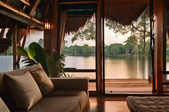 A tranquil cabin interior with a plush sofa, bamboo architecture, and a majestic lake view through large windows at sunset.