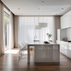 Spacious and well-lit modern kitchen interior with clean lines and a minimalist aesthetic