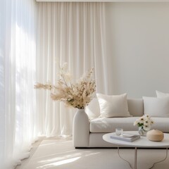 Cozy living room filled with natural light, soft couches, and elegant sheer curtains creating a serene space