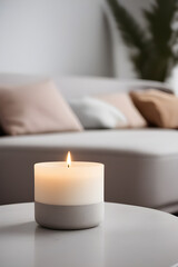 candle in a concrete plaster candlestick in a minimalist cozy interior