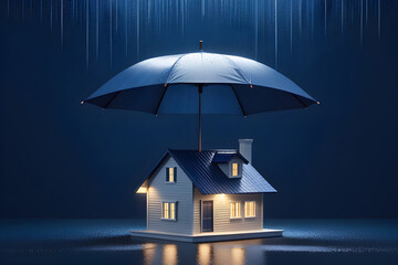house waterproofing concept, house under an umbrella on a minimalist background - obrazy, fototapety, plakaty