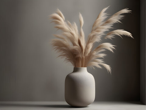 round stone vase with pampas grass on a minimalistic background