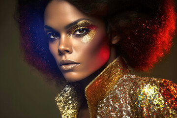 Portrait of a beautiful afro black woman looking at camera in 70s style golden clothes at the nightclub. American culture. Illustration. Generative AI