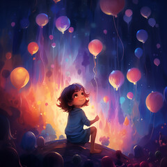 a young child sitting amidst a mystical forest with luminous balloons rising around