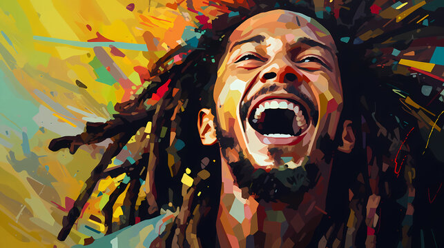 a vibrant portrait of a man with dreadlocks in a burst of colors