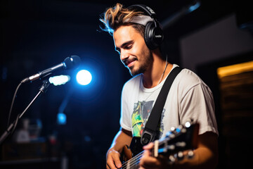 A man wearing headphones playing a guitar and singing into a microphone