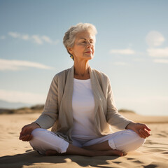 Fototapeta na wymiar Senior woman meditating on the beach.