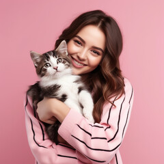 Happy girl hugging her cat on a pink background.