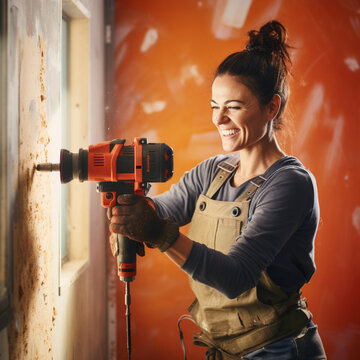 Woman using a drill machine at new home. Home renovation.