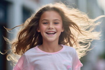 A young girl in a pink shirt is smiling with her hair blowing in the wind