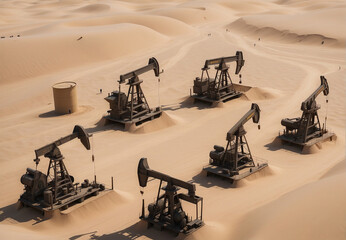 Drilling derricks in a desert oil field to extract crude oil from the ground