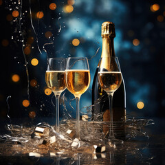 Glasses of champagne on bright background with bokeh effect. illustration For New Year's Christmas, birthday AI technology