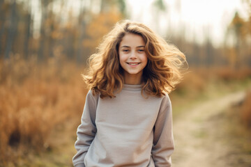 A young girl with long hair is smiling for the camera