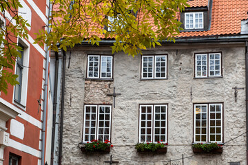 Old modernist building facades in an old town village in Riga, Latvia