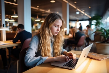 Fototapeta premium A woman sits at a table typing on a laptop