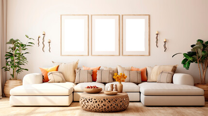 Frame and poster mockup in interior background, Scandi-Boho style, pastel colors