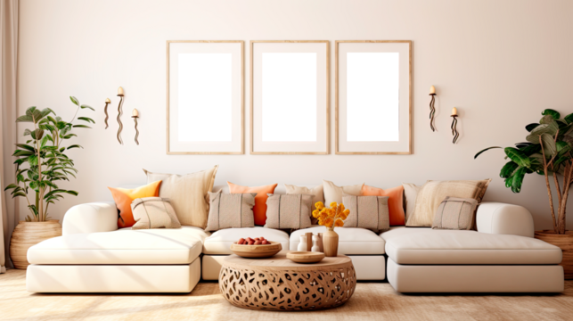 Frame and poster mockup in interior background, Scandi-Boho style, pastel colors