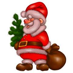 Santa Claus with a Christmas tree and a bag of full-length gifts