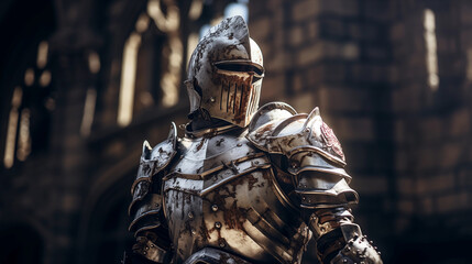 close-up of a medieval knight in armor with a castle backdrop - obrazy, fototapety, plakaty