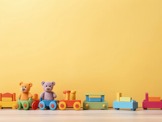 colorful wooden toy train with plush teddy bears on a yellow background perfect for children's playrooms