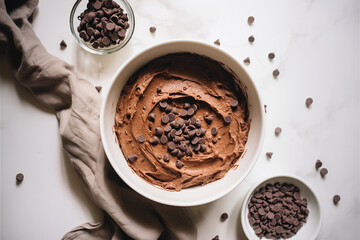 top-down view of rich dark chocolate cake batter in a bowl with scattered chocolate chips perfect for dessert recipes