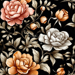 Seamless pattern with vintage roses and leaves. Vector illustration, black floral wall paper, black floral background, dark floral pattern, rose seamless pattern, floral digital paper, seamless