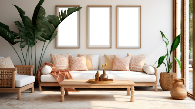 Frame and poster mockup in interior background, Scandi-Boho style, pastel colors