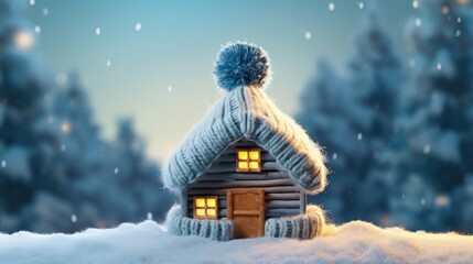  a snowman is standing in front of a house with a snowman on the roof and a snowman on the ground.