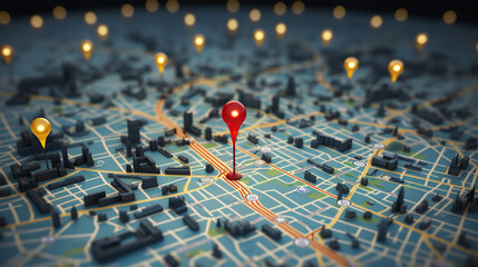 3D illustration of a map with a navigation pin and locator mark. ai generated. - obrazy, fototapety, plakaty