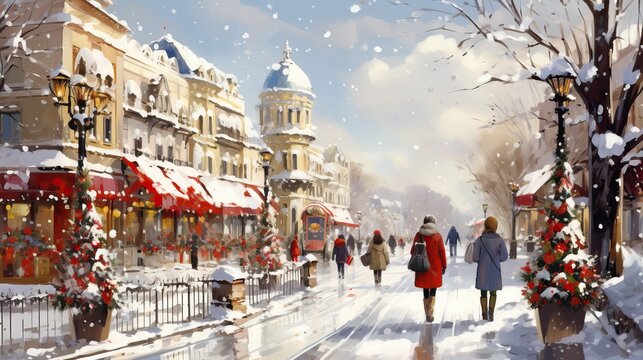 Oil paintings landscape, winter in the city