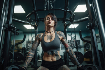 Fototapeta na wymiar A woman with tattoos on her arms and chest is sitting on a machine in a gym