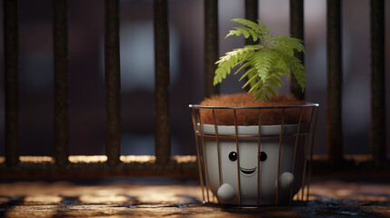 cute character plant in pot in fence