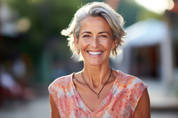 A woman with gray hair and a necklace smiles for the camera - obrazy, fototapety, plakaty