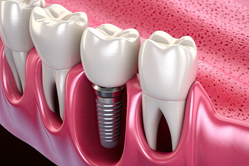 Educational model with post of dental implant between teeth and crowns