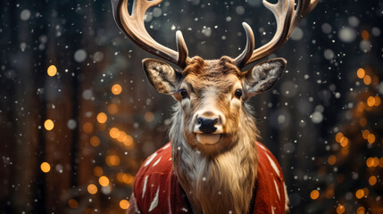 Deer in the forest during the snowfall. Christmas and New Year concept.