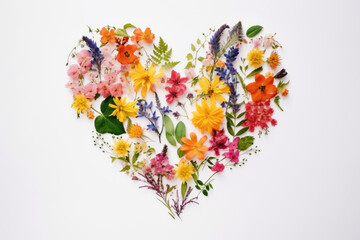 heart made of colorful flowers isolated on white background