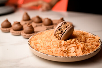 Brown macaroon sprinkled with crumbs in a plate with crumbs for decoration