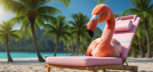 Cute cartoon funny flamingo, beach, palm trees