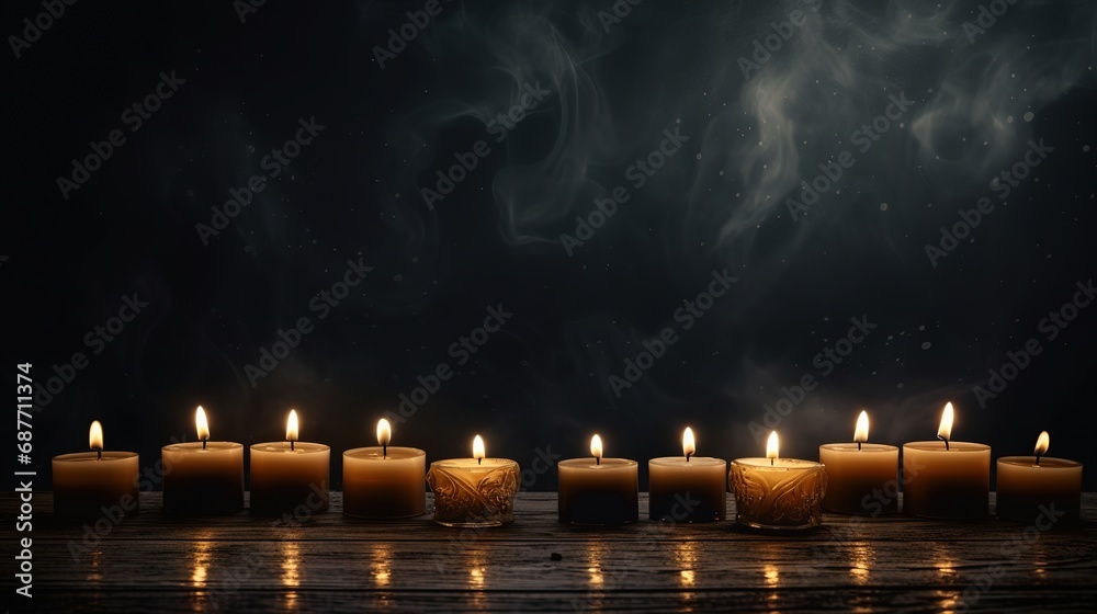 Poster burning candles on floor in darkness with space for text. funeral concept