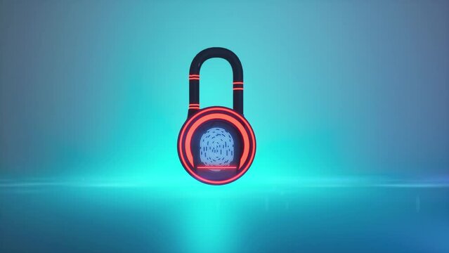  symbol of digital lock closed and then open by fingerprint. Blue modern background with 3d render animation of cyber security