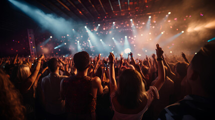 Fototapeta na wymiar Crowd of people dancing at a night concert in an arena. Dancing at the disco