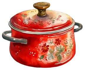 Watercolor illustration of red vintage saucepan. Ai generated. Transparent background, png.