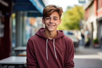 A young boy wearing a maroon hoodie smiles for the camera - Powered by Adobe