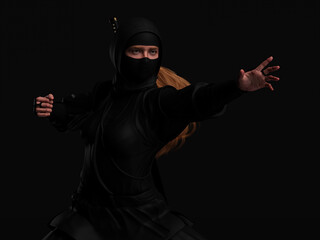 A red-haired female ninja in combat pose with left hand thrust forward on dark background. Traditional ninja style. 3d illustration. © pictosmith