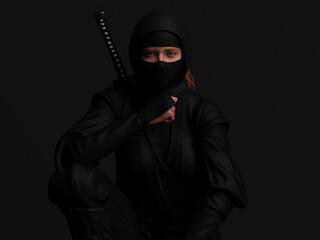 A red-haired female ninja staring ahead on dark background. Traditional ninja style. 3D illustration. © pictosmith